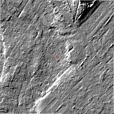 Shaded relief map of the ground around BH232HY, computed from Environment Agency LiDAR. The ground here sits at about 5 m above sea level and falls 12 m across the surrounding 800 m. Surface water reaching this point runs off ground lying to the west-south-west, 2.7 m higher.