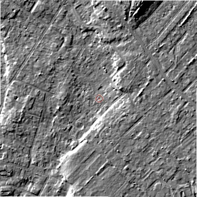 Shaded relief map of the ground around BH232HZ, computed from Environment Agency LiDAR. The ground here sits at about 5 m above sea level and falls 10 m across the surrounding 800 m. Surface water reaching this point runs off ground lying to the south, 4.3 m higher.