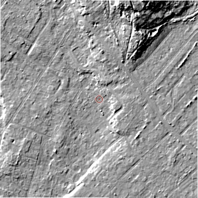 Shaded relief map of the ground around BH232JA, computed from Environment Agency LiDAR. The ground here sits at about 5 m above sea level and falls 17 m across the surrounding 800 m. Surface water reaching this point runs off ground lying to the north-east, 3.0 m higher.