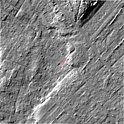 Shaded relief map of the ground around BH232JB, computed from Environment Agency LiDAR. The ground here sits at about 5 m above sea level and falls 11 m across the surrounding 800 m. Surface water reaching this point runs off ground lying to the north-north-east, 9.6 m higher.