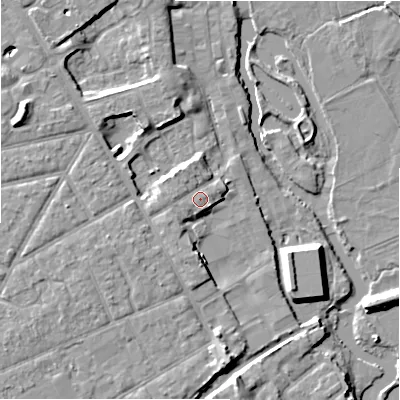 Shaded relief map of the ground around BH232JY, computed from Environment Agency LiDAR. The ground here sits at about 8 m above sea level and falls 10 m across the surrounding 800 m. Surface water reaching this point runs off ground lying to the north-west, 1.4 m higher.