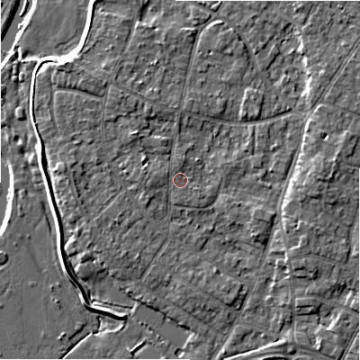 Shaded relief map of the ground around BH232NT, computed from Environment Agency LiDAR. The ground here sits at about 5 m above sea level and falls 7 m across the surrounding 800 m. The ground contributing surface water to this point lies to the south-east.