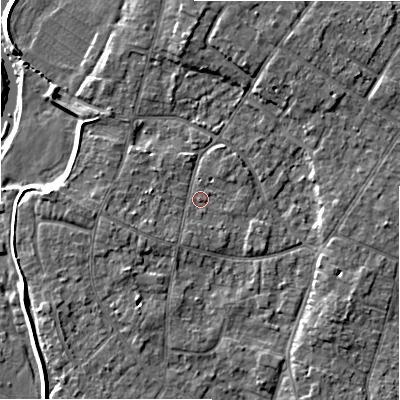 Shaded relief map of the ground around BH232NU, computed from Environment Agency LiDAR. The ground here sits at about 5 m above sea level and falls 6 m across the surrounding 800 m. Surface water reaching this point runs off ground lying to the south-east, 3.1 m higher.