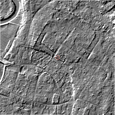 Shaded relief map of the ground around BH232NX, computed from Environment Agency LiDAR. The ground here sits at about 6 m above sea level and falls 13 m across the surrounding 800 m. Surface water reaching this point runs off ground lying to the north-north-west, 2.9 m higher.