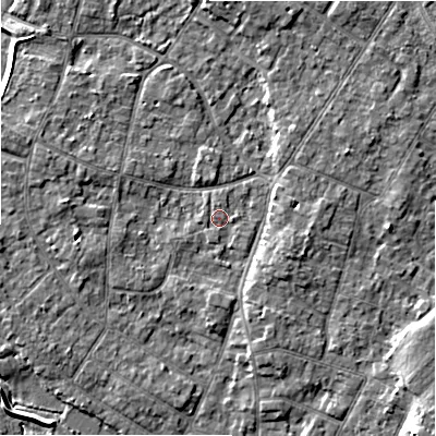 Shaded relief map of the ground around BH232NZ, computed from Environment Agency LiDAR. The ground here sits at about 5 m above sea level and falls 8 m across the surrounding 800 m. Surface water reaching this point runs off ground lying to the south-east, 2.4 m higher.