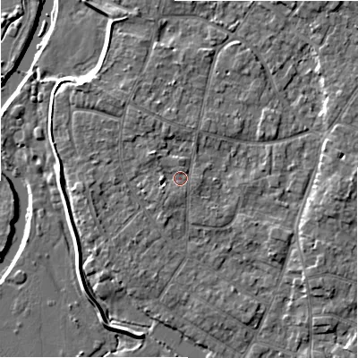 Shaded relief map of the ground around BH232PA, computed from Environment Agency LiDAR. The ground here sits at about 5 m above sea level and falls 7 m across the surrounding 800 m. Surface water reaching this point runs off ground lying to the south-west, 2.3 m higher.