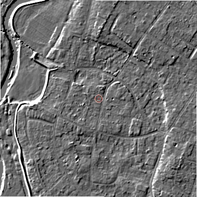 Shaded relief map of the ground around BH232PB, computed from Environment Agency LiDAR. The ground here sits at about 5 m above sea level and falls 7 m across the surrounding 800 m. Surface water reaching this point runs off ground lying to the south-east, 3.1 m higher.