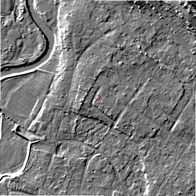 Shaded relief map of the ground around BH232PE, computed from Environment Agency LiDAR. The ground here sits at about 7 m above sea level and falls 23 m across the surrounding 800 m. Surface water reaching this point runs off ground lying to the north, 1.1 m higher.