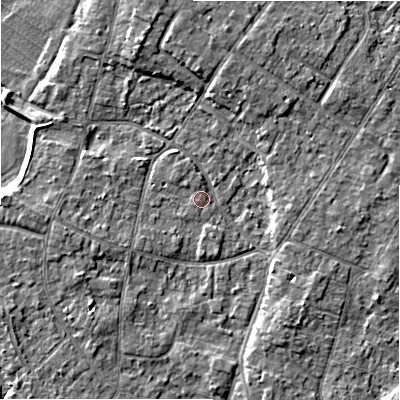 Shaded relief map of the ground around BH232PF, computed from Environment Agency LiDAR. The ground here sits at about 5 m above sea level and falls 5 m across the surrounding 800 m. Surface water reaching this point runs off ground lying to the north-north-east, 3.8 m higher.