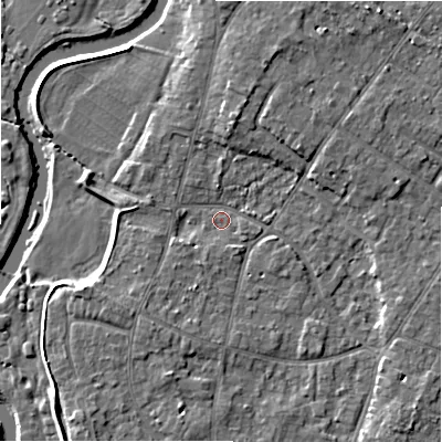 Shaded relief map of the ground around BH232PG, computed from Environment Agency LiDAR. The ground here sits at about 4 m above sea level and falls 8 m across the surrounding 800 m. Surface water reaching this point runs off ground lying to the south-south-west, 3.3 m higher.