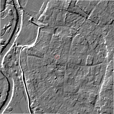 Shaded relief map of the ground around BH232PH, computed from Environment Agency LiDAR. The ground here sits at about 6 m above sea level and falls 7 m across the surrounding 800 m. Surface water reaching this point runs off ground lying to the west, 1.1 m higher.