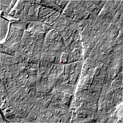Shaded relief map of the ground around BH232PJ, computed from Environment Agency LiDAR. The ground here sits at about 5 m above sea level and falls 6 m across the surrounding 800 m. Surface water reaching this point runs off ground lying to the east-south-east, 3.0 m higher.