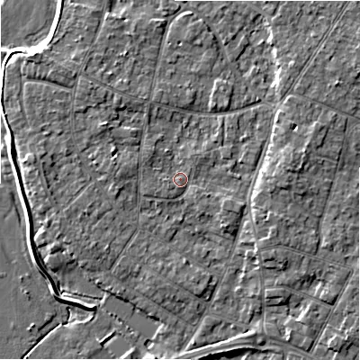 Shaded relief map of the ground around BH232PL, computed from Environment Agency LiDAR. The ground here sits at about 5 m above sea level and falls 6 m across the surrounding 800 m. Surface water reaching this point runs off ground lying to the south-east, 0.7 m higher.