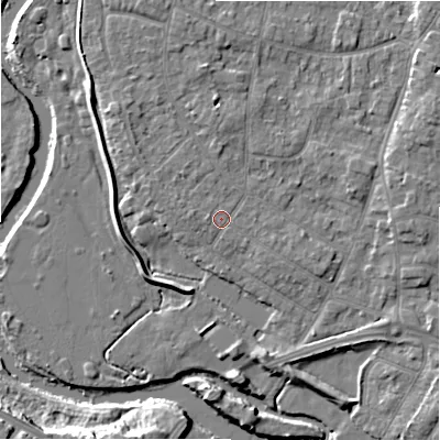 Shaded relief map of the ground around BH232PN, computed from Environment Agency LiDAR. The ground here sits at about 4 m above sea level and falls 10 m across the surrounding 800 m. Surface water reaching this point runs off ground lying to the west, 0.8 m higher.