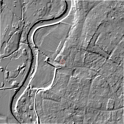 Shaded relief map of the ground around BH232PQ, computed from Environment Agency LiDAR. The ground here sits at about 5 m above sea level and falls 8 m across the surrounding 800 m. Surface water reaching this point runs off ground lying to the north-north-east, 1.4 m higher.