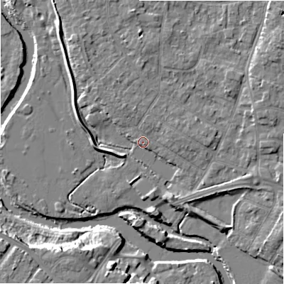 Shaded relief map of the ground around BH232PR, computed from Environment Agency LiDAR. The ground here sits at about 4 m above sea level and falls 11 m across the surrounding 800 m. Surface water reaching this point runs off ground lying to the north-north-west, 4.2 m higher.