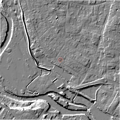 Shaded relief map of the ground around BH232PS, computed from Environment Agency LiDAR. The ground here sits at about 4 m above sea level and falls 11 m across the surrounding 800 m. Surface water reaching this point runs off ground lying to the north-west, 1.2 m higher.