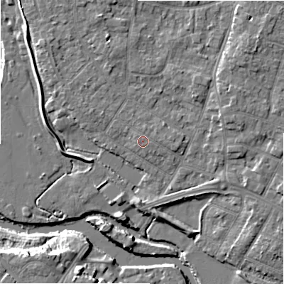 Shaded relief map of the ground around BH232PW, computed from Environment Agency LiDAR. The ground here sits at about 5 m above sea level and falls 11 m across the surrounding 800 m. The ground contributing surface water to this point lies to the east-north-east.
