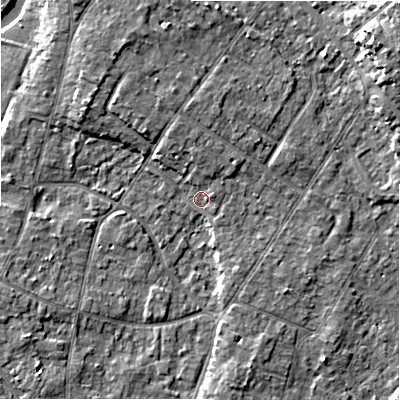 Shaded relief map of the ground around BH232PX, computed from Environment Agency LiDAR. The ground here sits at about 5 m above sea level and falls 13 m across the surrounding 800 m. Surface water reaching this point runs off ground lying to the north, 4.2 m higher.