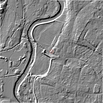 Shaded relief map of the ground around BH232PY, computed from Environment Agency LiDAR. The ground here sits at about 5 m above sea level and falls 8 m across the surrounding 800 m. Surface water reaching this point runs off ground lying to the north-east, 2.2 m higher.