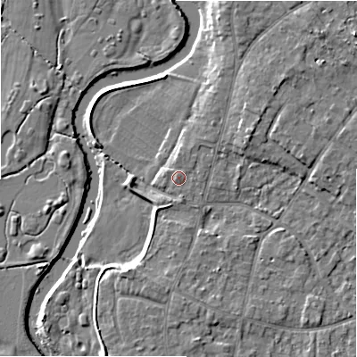 Shaded relief map of the ground around BH232PZ, computed from Environment Agency LiDAR. The ground here sits at about 5 m above sea level and falls 8 m across the surrounding 800 m. Surface water reaching this point runs off ground lying to the north-north-east, 0.8 m higher.