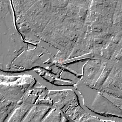 Shaded relief map of the ground around BH232QA, computed from Environment Agency LiDAR. The ground here sits at about 4 m above sea level and falls 11 m across the surrounding 800 m. Surface water reaching this point runs off ground lying to the south-south-east, 1.1 m higher.