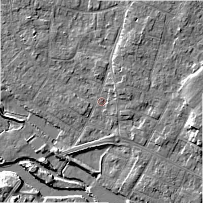 Shaded relief map of the ground around BH232QB, computed from Environment Agency LiDAR. The ground here sits at about 4 m above sea level and falls 11 m across the surrounding 800 m. Surface water reaching this point runs off ground lying to the north-east, 2.7 m higher.