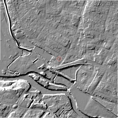 Shaded relief map of the ground around BH232QD, computed from Environment Agency LiDAR. The ground here sits at about 4 m above sea level and falls 11 m across the surrounding 800 m. Surface water reaching this point runs off ground lying to the north-east, 3.5 m higher.
