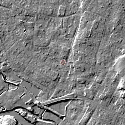 Shaded relief map of the ground around BH232QE, computed from Environment Agency LiDAR. The ground here sits at about 4 m above sea level and falls 9 m across the surrounding 800 m. Surface water reaching this point runs off ground lying to the north, 2.5 m higher.
