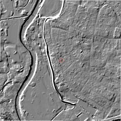 Shaded relief map of the ground around BH232QF, computed from Environment Agency LiDAR. The ground here sits at about 5 m above sea level and falls 10 m across the surrounding 800 m. Surface water reaching this point runs off ground lying to the north-west, 1.2 m higher.