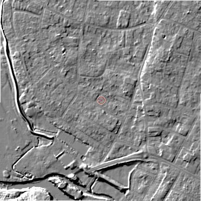 Shaded relief map of the ground around BH232QG, computed from Environment Agency LiDAR. The ground here sits at about 4 m above sea level and falls 7 m across the surrounding 800 m. Surface water reaching this point runs off ground lying to the north-north-west, 3.0 m higher.