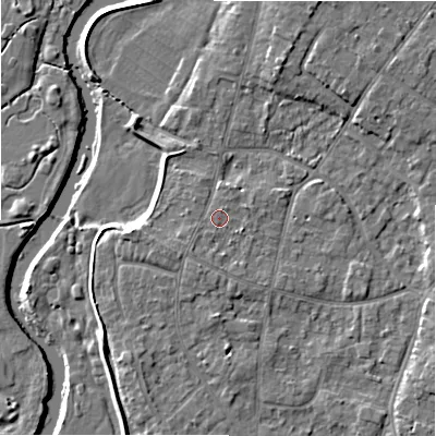 Shaded relief map of the ground around BH232QH, computed from Environment Agency LiDAR. The ground here sits at about 5 m above sea level and falls 7 m across the surrounding 800 m. Surface water reaching this point runs off ground lying to the south-west, 1.4 m higher.