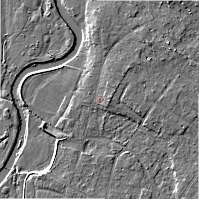 Shaded relief map of the ground around BH232QJ, computed from Environment Agency LiDAR. The ground here sits at about 6 m above sea level and falls 11 m across the surrounding 800 m. Surface water reaching this point runs off ground lying to the north-east, 2.7 m higher.