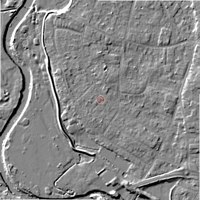 Shaded relief map of the ground around BH232QP, computed from Environment Agency LiDAR. The ground here sits at about 5 m above sea level and falls 7 m across the surrounding 800 m. Surface water reaching this point runs off ground lying to the north, 3.0 m higher.