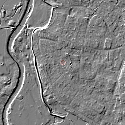 Shaded relief map of the ground around BH232QQ, computed from Environment Agency LiDAR. The ground here sits at about 5 m above sea level and falls 7 m across the surrounding 800 m. Surface water reaching this point runs off ground lying to the north-north-east, 3.0 m higher.