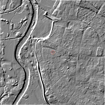 Shaded relief map of the ground around BH232QR, computed from Environment Agency LiDAR. The ground here sits at about 6 m above sea level and falls 7 m across the surrounding 800 m. Surface water reaching this point runs off ground lying to the north-north-east, 1.0 m higher.