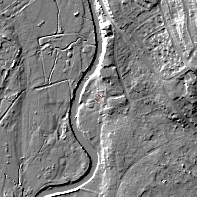 Shaded relief map of the ground around BH232QS, computed from Environment Agency LiDAR. The ground here sits at about 5 m above sea level and falls 29 m across the surrounding 800 m. Surface water reaching this point runs off ground lying to the east, 4.2 m higher.