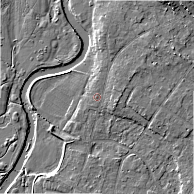 Shaded relief map of the ground around BH232QT, computed from Environment Agency LiDAR. The ground here sits at about 6 m above sea level and falls 10 m across the surrounding 800 m. Surface water reaching this point runs off ground lying to the north-east, 2.6 m higher.