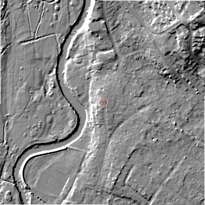 Shaded relief map of the ground around BH232QU, computed from Environment Agency LiDAR. The ground here sits at about 8 m above sea level and falls 33 m across the surrounding 800 m. The ground contributing surface water to this point lies to the east-north-east.