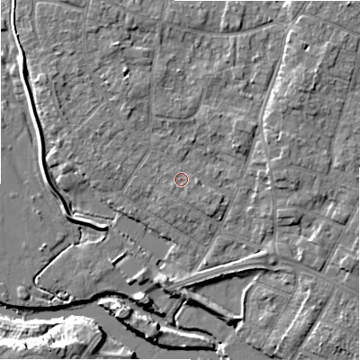 Shaded relief map of the ground around BH232QW, computed from Environment Agency LiDAR. The ground here sits at about 4 m above sea level and falls 10 m across the surrounding 800 m. Surface water reaching this point runs off ground lying to the north-north-west, 3.0 m higher.