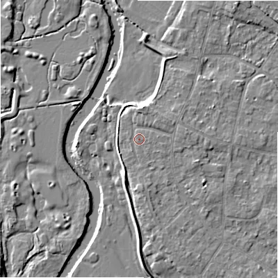 Shaded relief map of the ground around BH232RE, computed from Environment Agency LiDAR. The ground here sits at about 5 m above sea level and falls 7 m across the surrounding 800 m. Surface water reaching this point runs off ground lying to the north, 2.1 m higher.