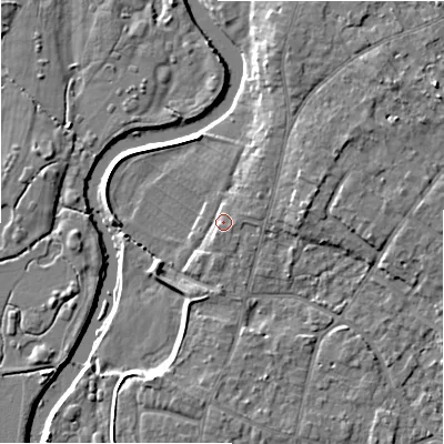 Shaded relief map of the ground around BH232RF, computed from Environment Agency LiDAR. The ground here sits at about 5 m above sea level and falls 8 m across the surrounding 800 m. Surface water reaching this point runs off ground lying to the east-north-east, 1.6 m higher.