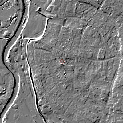 Shaded relief map of the ground around BH232TB, computed from Environment Agency LiDAR. The ground here sits at about 6 m above sea level and falls 7 m across the surrounding 800 m. Surface water reaching this point runs off ground lying to the north, 0.6 m higher.