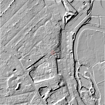 Shaded relief map of the ground around BH232TS, computed from Environment Agency LiDAR. The ground here sits at about 8 m above sea level and falls 11 m across the surrounding 800 m. Surface water reaching this point runs off ground lying to the north-north-west, 1.1 m higher.