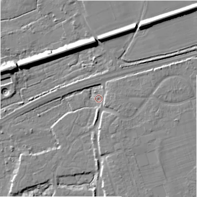 Shaded relief map of the ground around BH233AG, computed from Environment Agency LiDAR. The ground here sits at about 5 m above sea level and falls 15 m across the surrounding 800 m. Surface water reaching this point runs off ground lying to the south-east, 4.6 m higher.