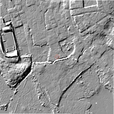 Shaded relief map of the ground around BH233DX, computed from Environment Agency LiDAR. The ground here sits at about 2 m above sea level and falls 9 m across the surrounding 800 m. Surface water reaching this point runs off ground lying to the north-north-east, 6.5 m higher.