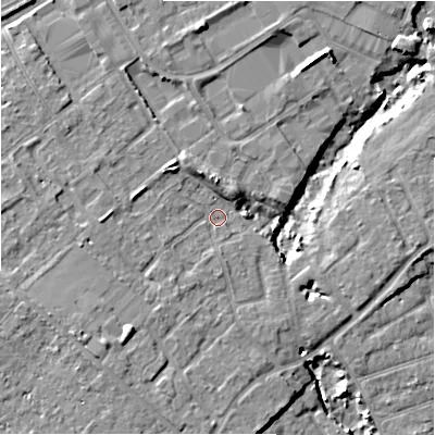 Shaded relief map of the ground around BH233ER, computed from Environment Agency LiDAR. The ground here sits at about 6 m above sea level and falls 8 m across the surrounding 800 m. Surface water reaching this point runs off ground lying to the south-west, 6.3 m higher.
