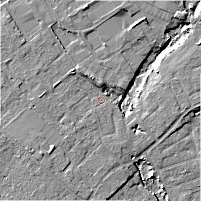 Shaded relief map of the ground around BH233ES, computed from Environment Agency LiDAR. The ground here sits at about 6 m above sea level and falls 8 m across the surrounding 800 m. Surface water reaching this point runs off ground lying to the south-south-west, 3.8 m higher.