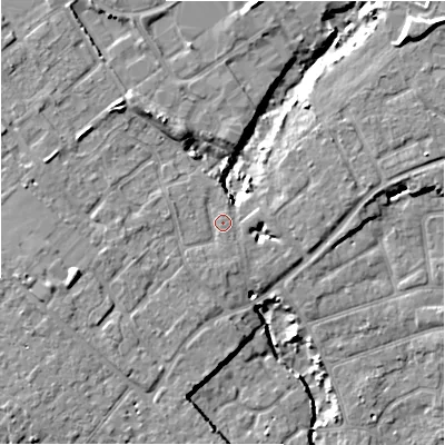 Shaded relief map of the ground around BH233EU, computed from Environment Agency LiDAR. The ground here sits at about 6 m above sea level and falls 9 m across the surrounding 800 m. Surface water reaching this point runs off ground lying to the west-south-west, 3.7 m higher.