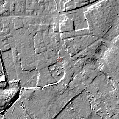Shaded relief map of the ground around BH233FE, computed from Environment Agency LiDAR. The ground here sits at about 2 m above sea level and falls 9 m across the surrounding 800 m. Surface water reaching this point runs off ground lying to the north-east, 6.5 m higher.